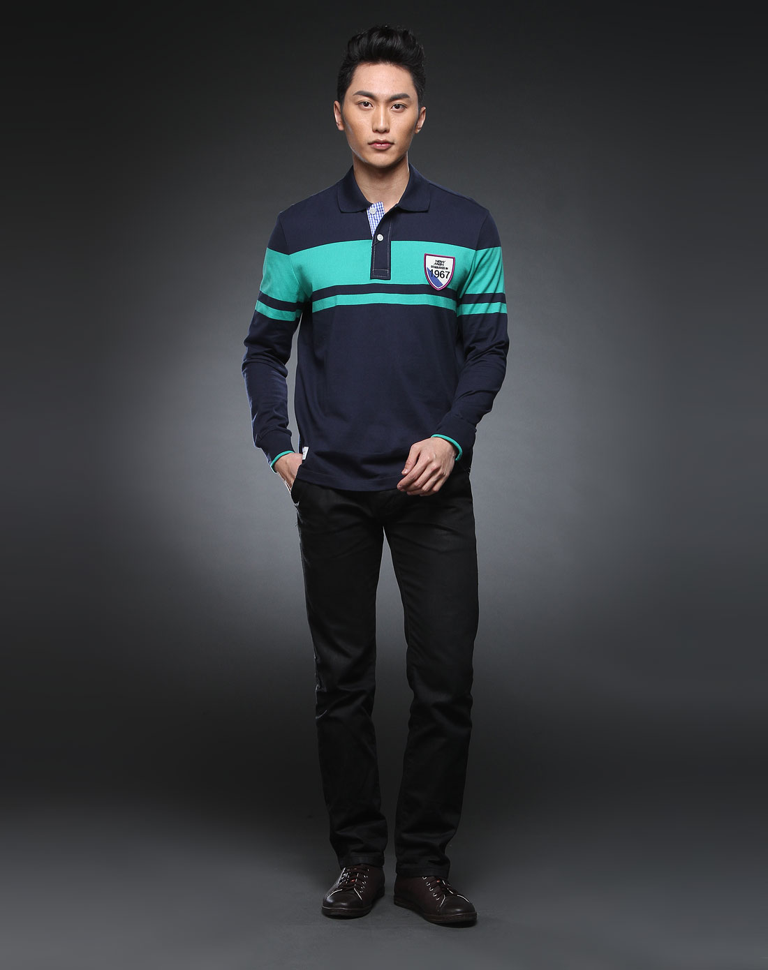 newman蓝绿色拼色长袖polo衫151010803039_唯品会