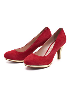 浅橙红色打蜡牛皮高跟浅口单鞋