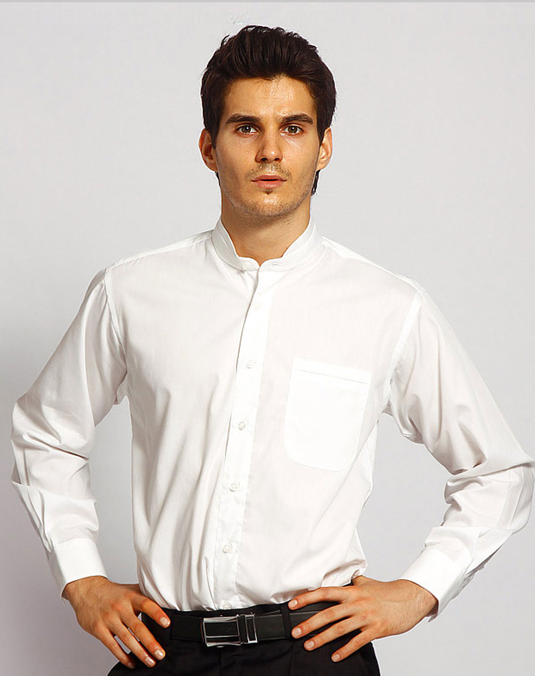 > 男中式立领纯棉白色衬衣