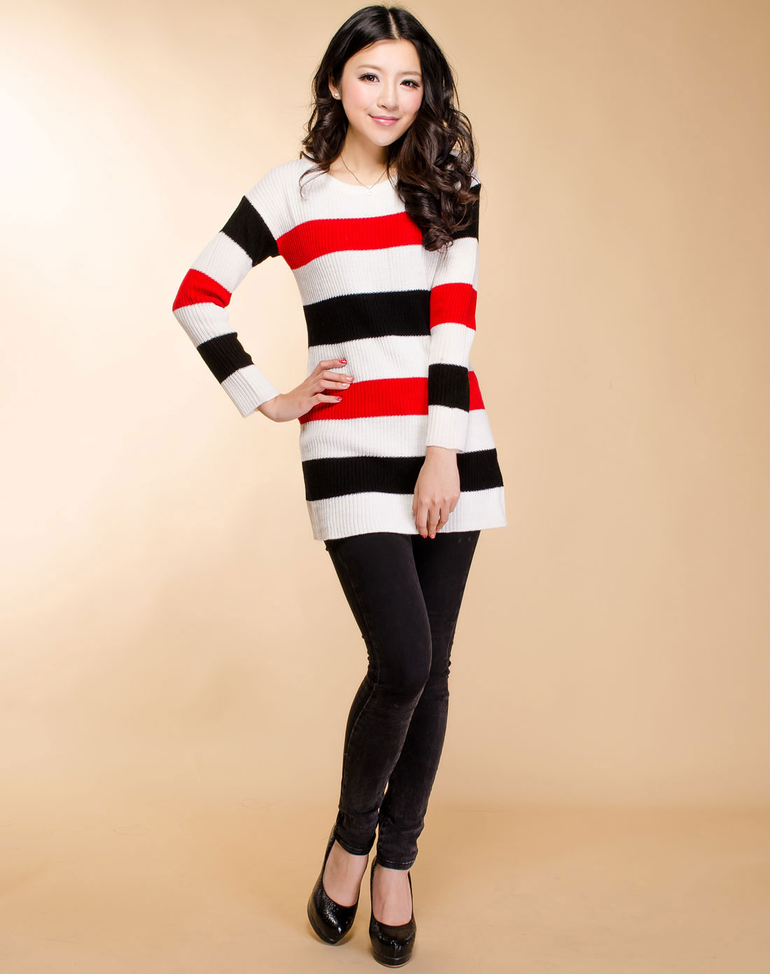 [ 艾金诺 ] 红白黑三色条纹套衫毛衣
