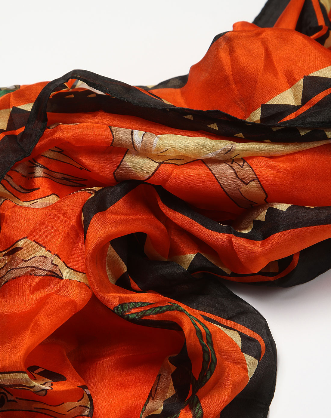 橘金色骏马提花真丝围巾