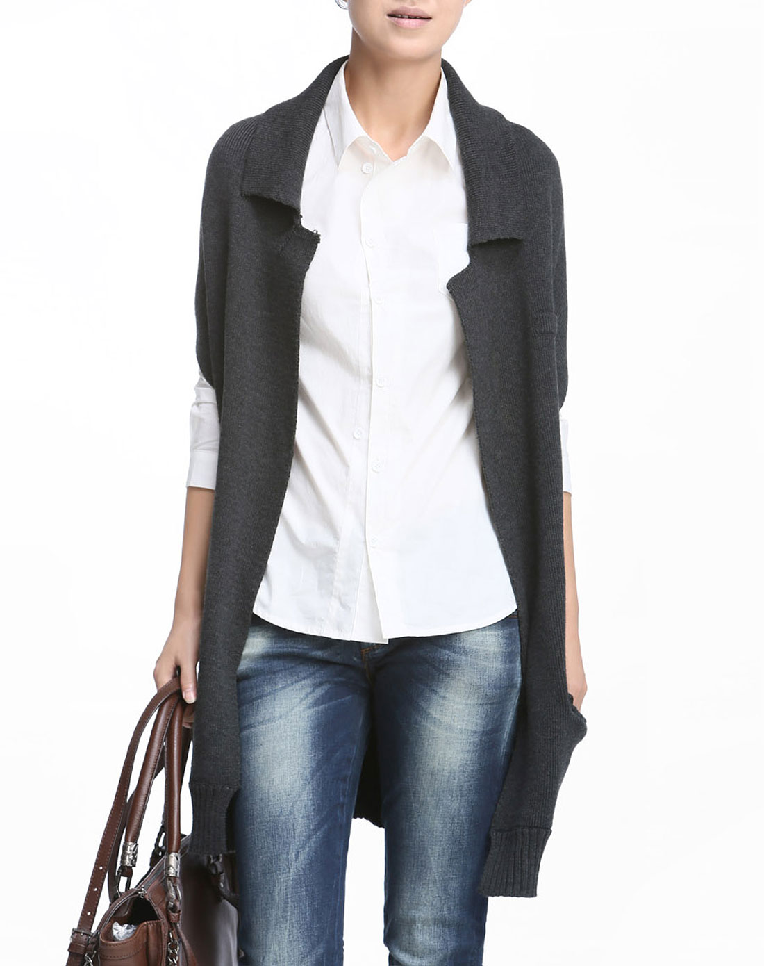 [ 艾米 ] 花碳灰色宽松毛织马甲