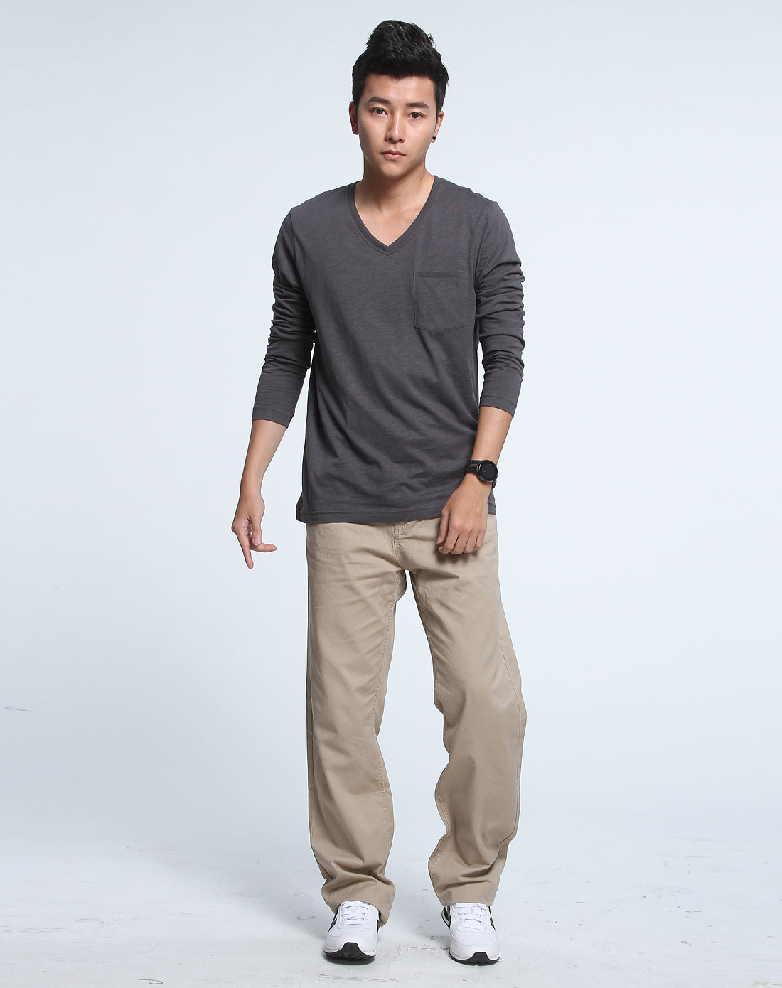 [ 森马 ] 冷灰色净色v领长袖t恤