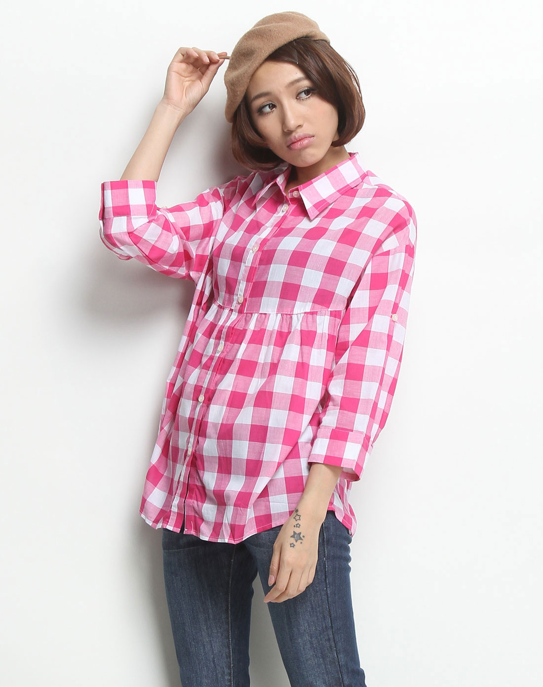 红白间色格子纹七分袖衬衫