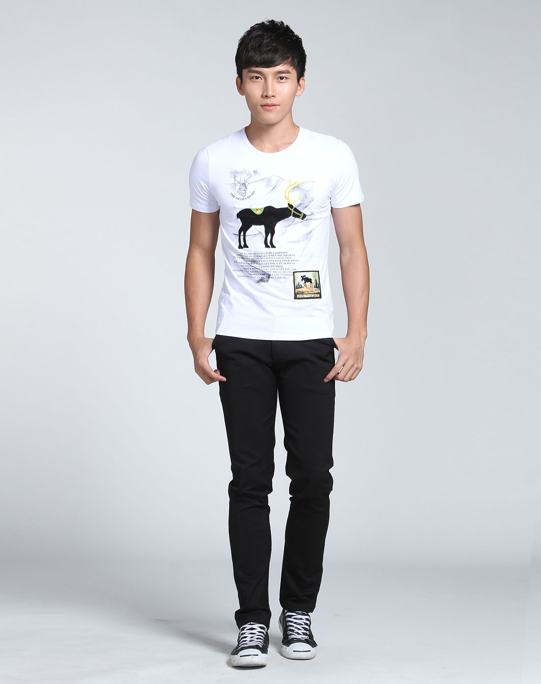 刺绣鹿图案白色圆领短袖t恤