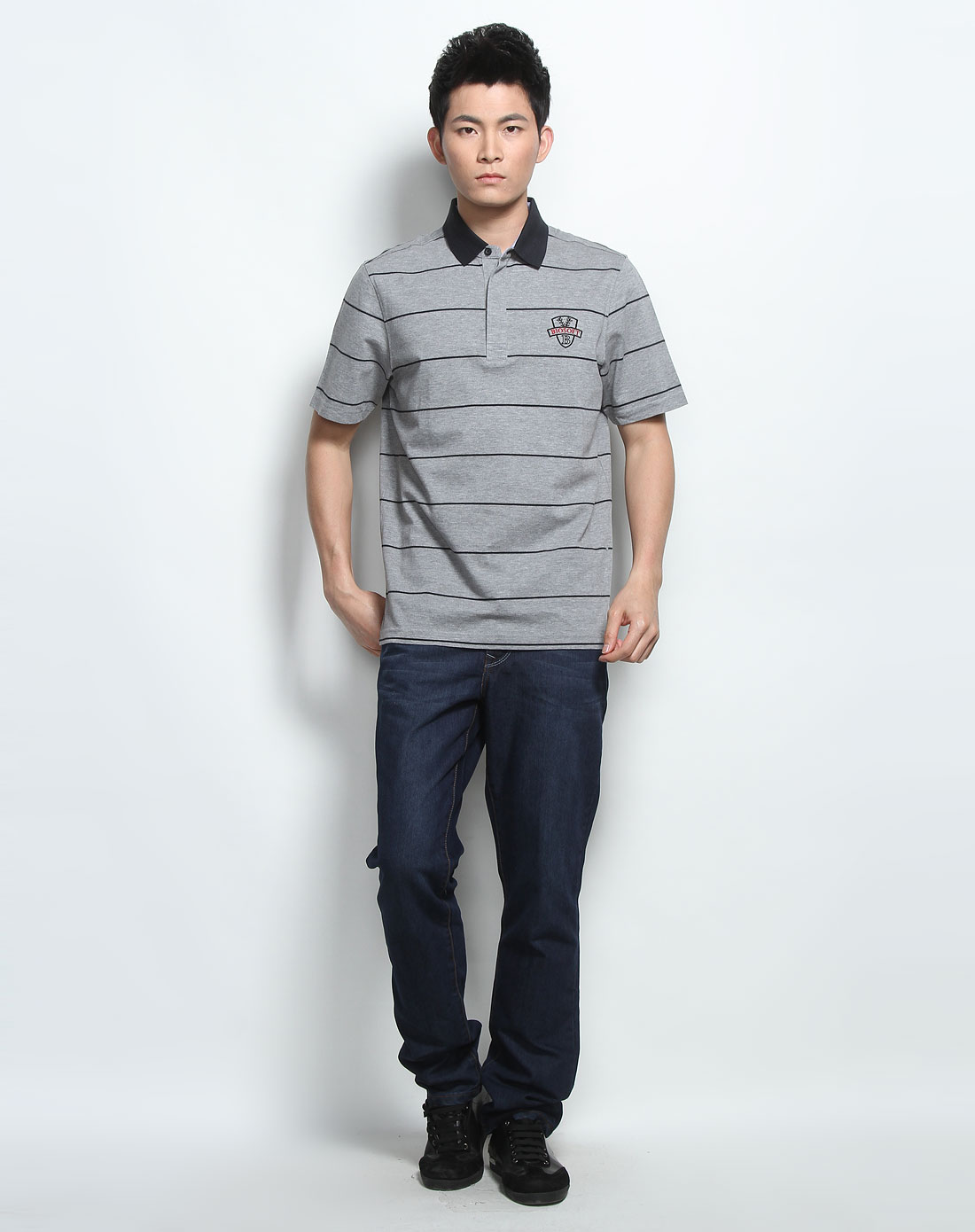 男款休闲商务银灰色翻领短袖t恤