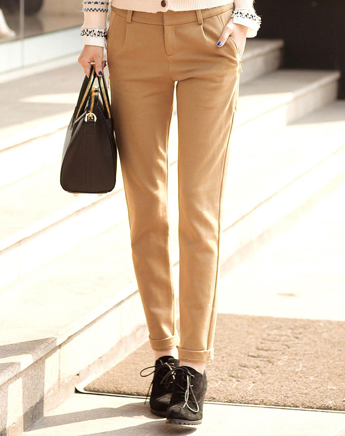 驼色气质简约修身休闲长裤