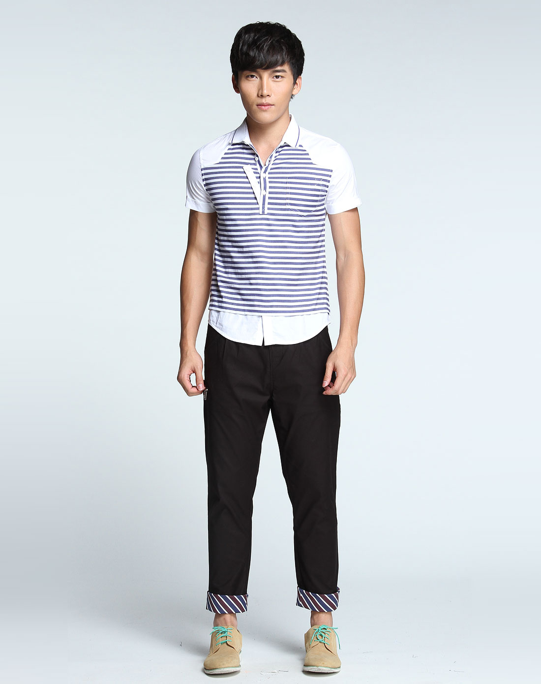 英伦校园白色时尚拼接条纹短袖衬衫