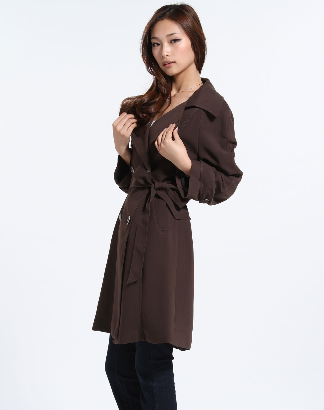 shish深咖啡色时尚长袖风衣