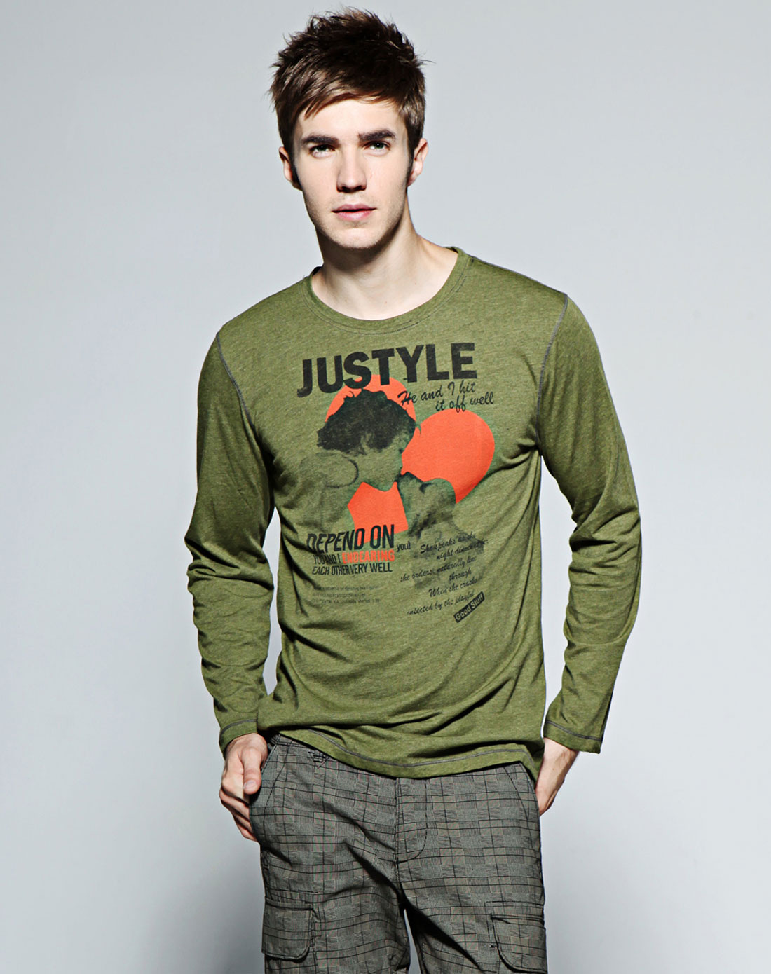 简时尚品justyle-男装专场男款墨绿色长袖t恤