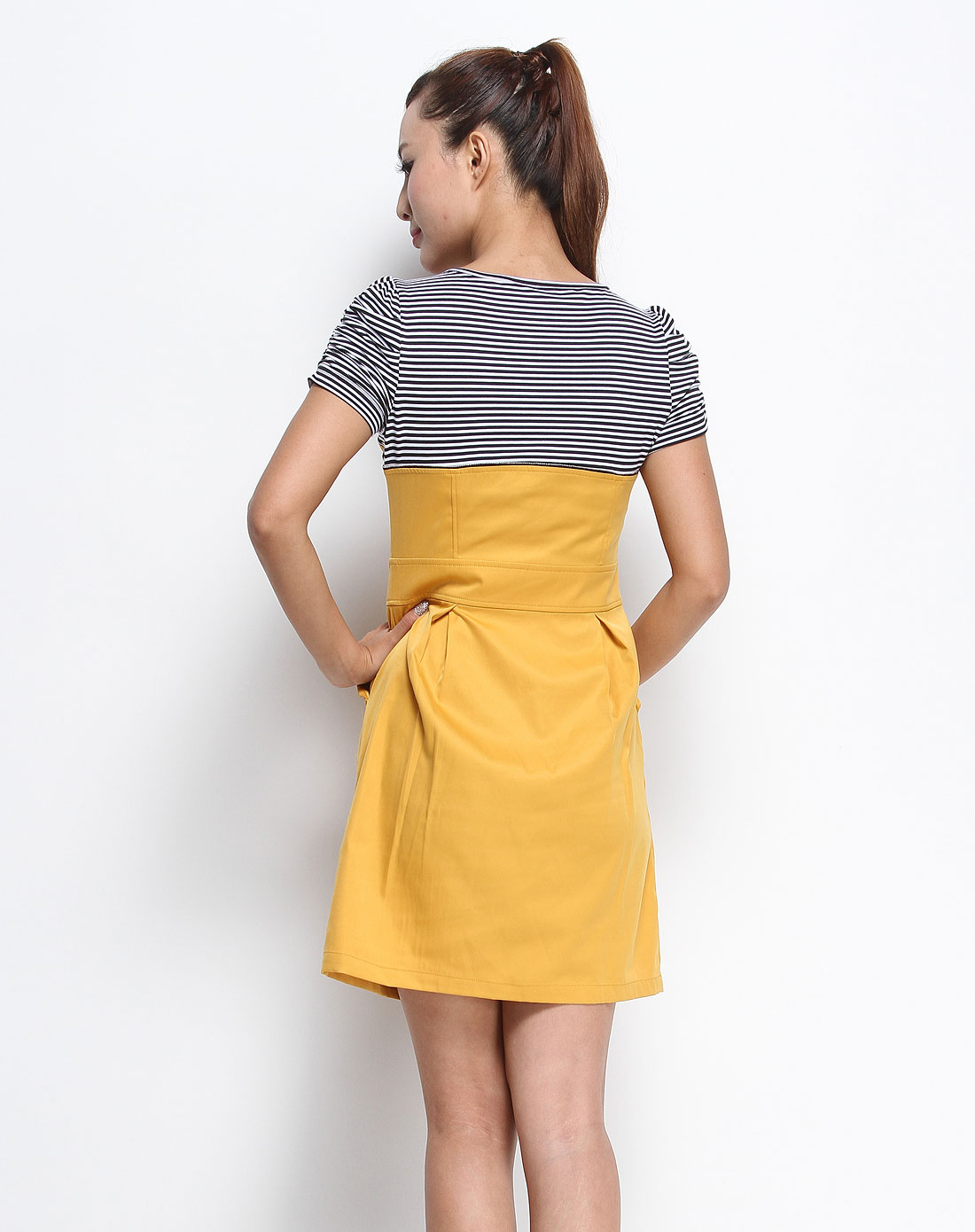 珍尼61浪凡janne lanvin拼接秋香黄色短袖连衣裙122y009060_唯品会