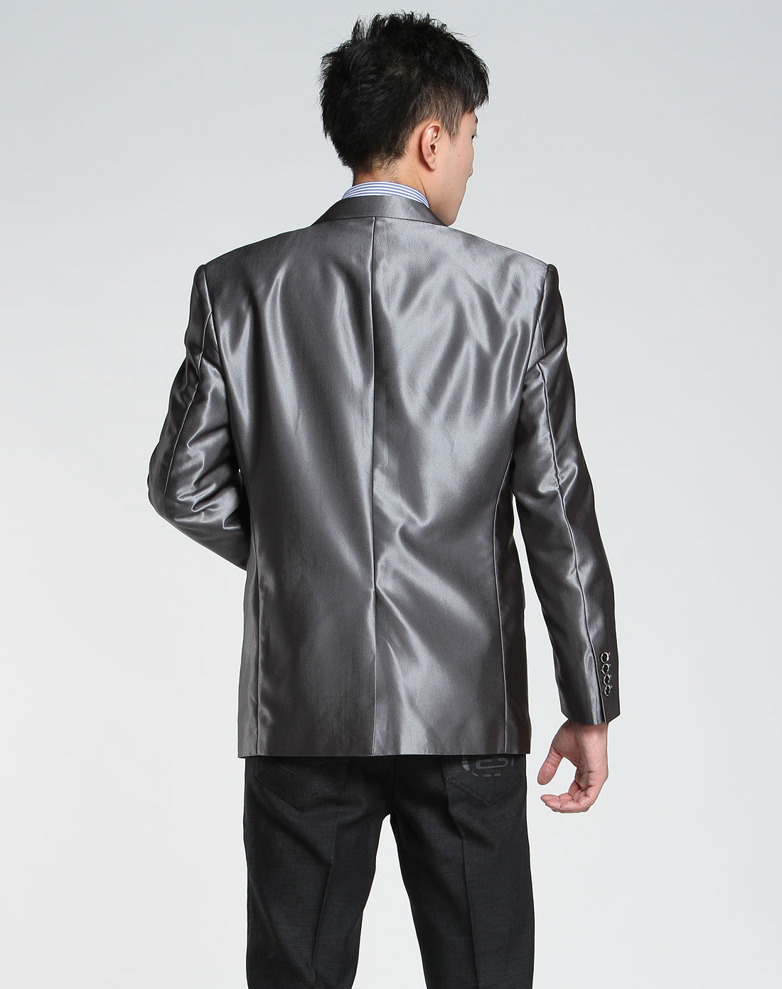 鲨鱼-男装男款银灰色亮面长袖西装外套