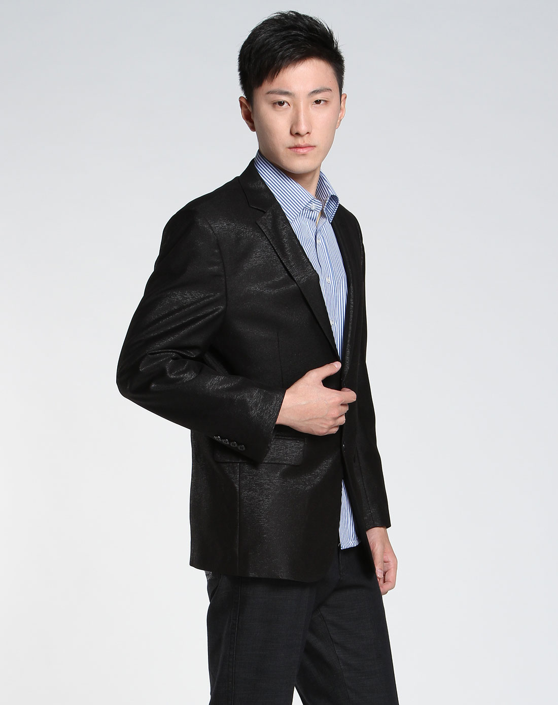 鲨鱼-男装男款黑色亮面长袖西装外套