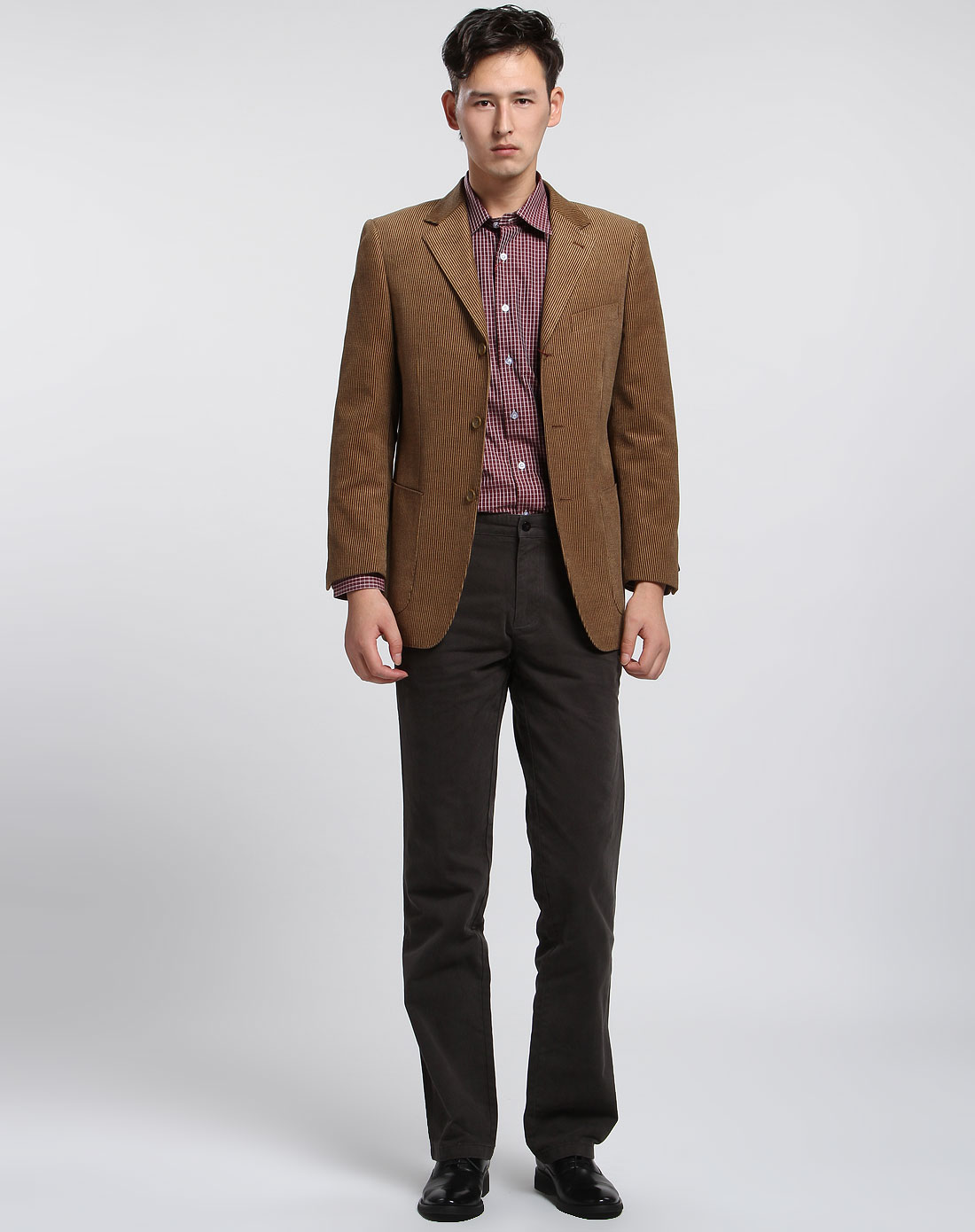 cardeendino男款咖啡色竖条纹长袖西服上衣