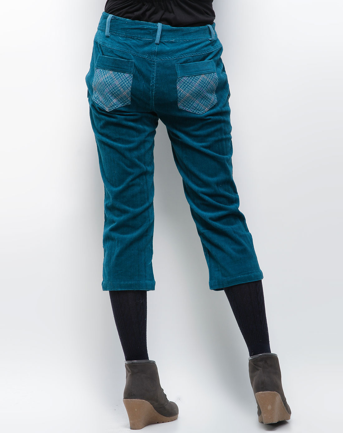 花木马hana mokuba女款蓝绿色灯芯绒休闲七分裤